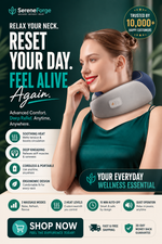 A promotional banner for the SereneForge Relax Your Neck travel neck pillow. The image features a woman wearing the gray and navy neck pillow, with text highlighting its benefits such as soothing heat, deep kneading, and ergonomic design.