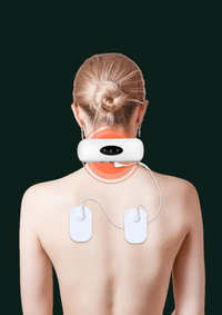 Person using a neck and shoulder massager with electrodes on a white background